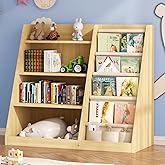EXPERLAM Kids Bookshelf and Toy Storage Organizer, 4 Tier Wooden Kids Book Shelf with Sling Book Rack in Kids Room Playroom Nursery for Kids, Children, Toddlers