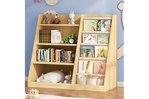 EXPERLAM Kids Bookshelf and Toy Storage Organizer, 4 Tier Wooden Kids Book Shelf with Sling Book Rack in Kids Room Playroom Nursery for Kids, Children, Toddlers