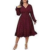 SHESTARR Women's Plus Size Fall Dress Long Sleeve V Neck Smocked Swiss Dot Flowy High Waisted A Line Ruffle Midi Dress