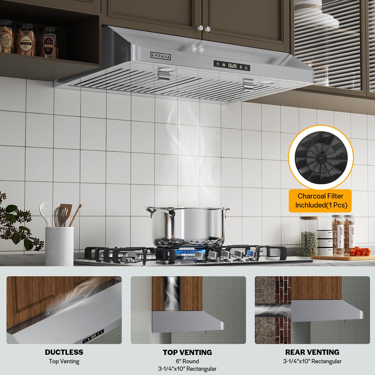 Empava Ductless/Ducted Range Hood Under Cabinet 30 Inch, Touch Control Timer & Clock Setting, 300 CFM 3-Speeds, Plug in, Stainless Steel