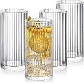 BGTTI Glass Cups Vintage Glassware Set of 4 Large, Origami Style Transparent Cocktail Glasses Set, Bar Beverages Ice Coffee Cup Juice Ripple Drinkware, Fluted Design