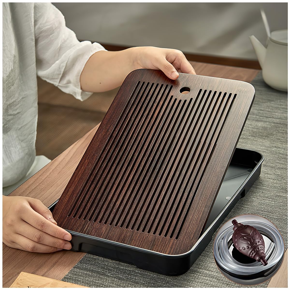 Photo 1 of 14 Inch Chinese Gongfu Bamboo Tea Tray?Water Storage Tea Tray?Bamboo Tea Tray with Water Storage Drainage Kungfu Tea Set. Suitable for Teahouse Home Office (Brown+Black)