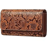 GOIACII Women's Wallet RFID Blocking Long Clutch Ladies Purse Vegan Leather Embossed Flower Brown