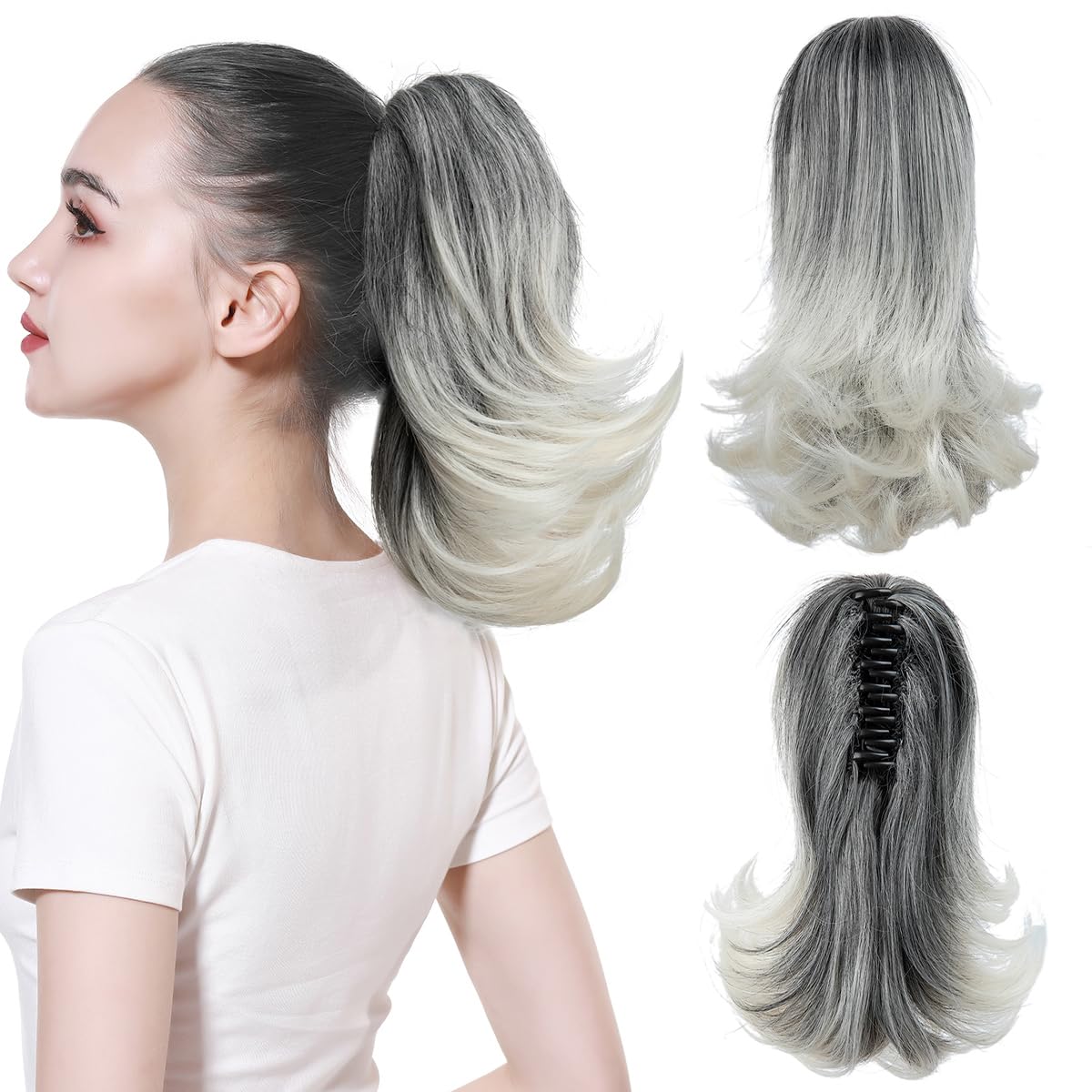 Photo 1 of CJL HAIR 12 Inch Claw Clip in Black Ponytail Extension Synthetic Curly Wavy Fake Faux Hair Pony Tail Hair Piece High Temperature Fiber Hairpieces for Black Women Girls Kids (Gray and White Tips)