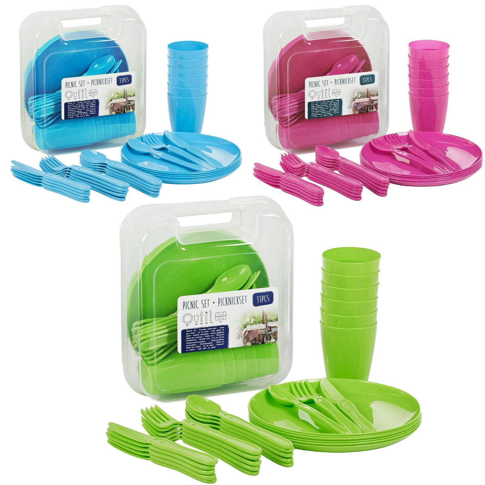 31 Piece Plastic Picnic Camping Party Dinner Plate Mug Cutlery Set Storage Box