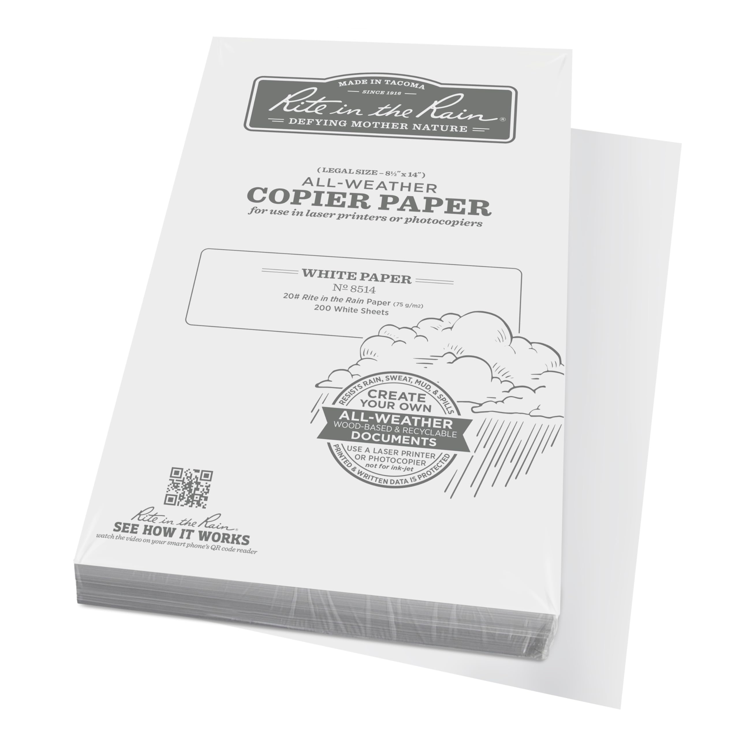 Photo 1 of Rite In The Rain Weatherproof Copier Paper, 8.5" x 14", 20# White, 200 Sheet Pack (No. 8514)