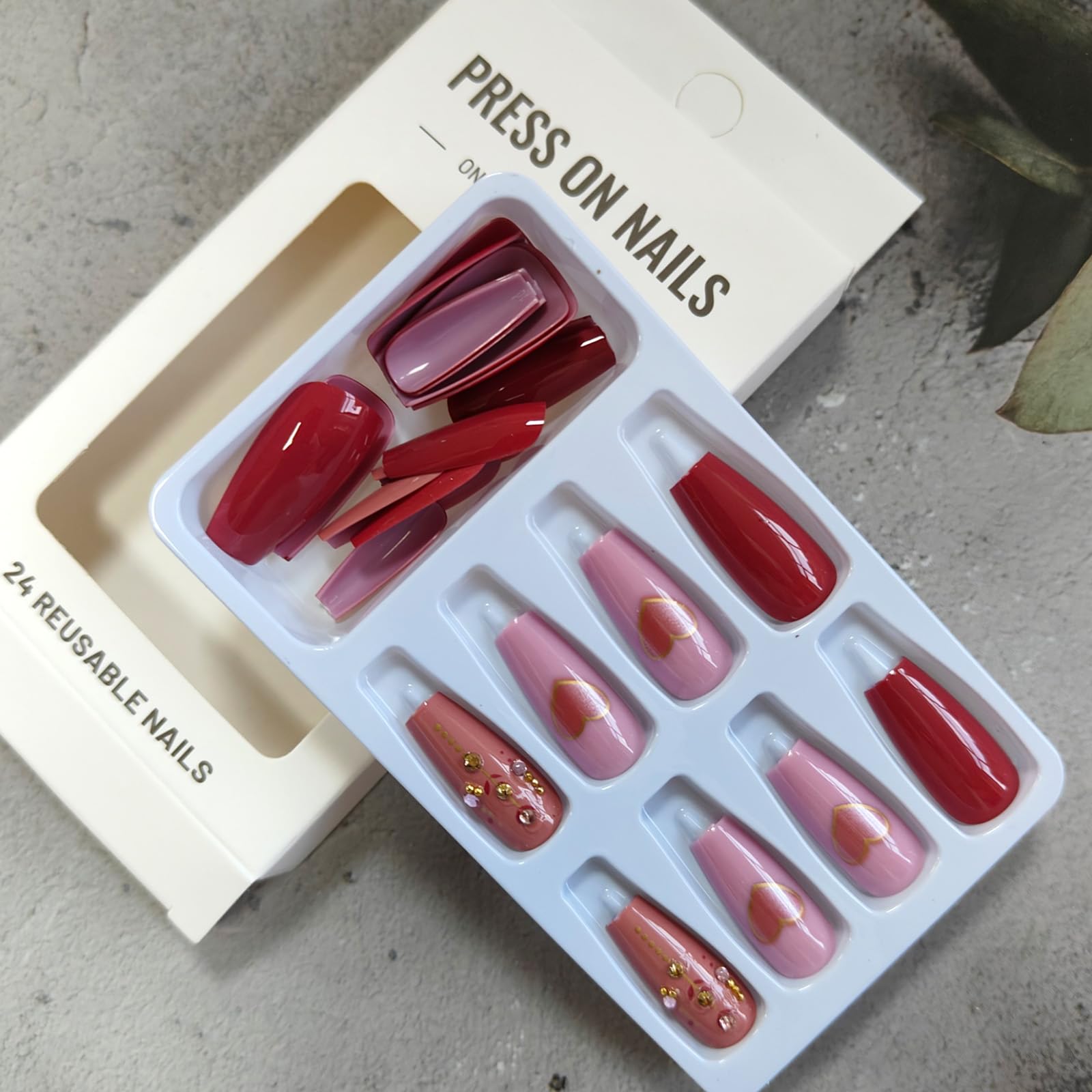 Valentines Press on Nails Medium Coffin Fake Nails Glossy Glue on Nails Pink Heart False Nails with Rhinestones Design Pink Artificial Nails Full Cover Stick on Nails for Coquette Women 24 Pcs - Image 4