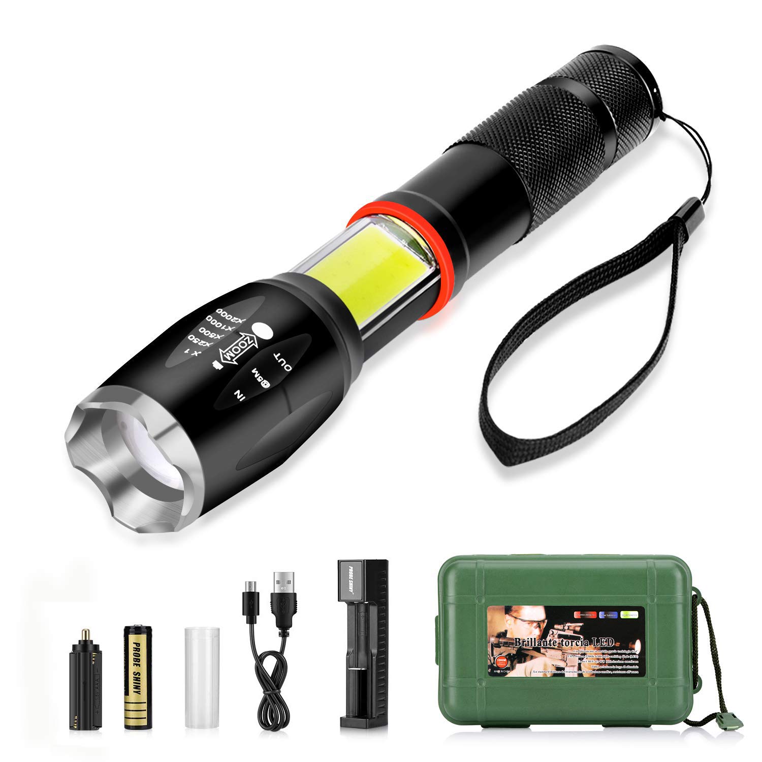 LED Flashlight Adjustable Focus Handheld Lantern Flash Light, 5 Modes Super Bright 800 Lumens USB Rechargeable T6 / COB Pocket Emergency Waterproof IPX6 Lighting, Suitable for Camping and Hiking