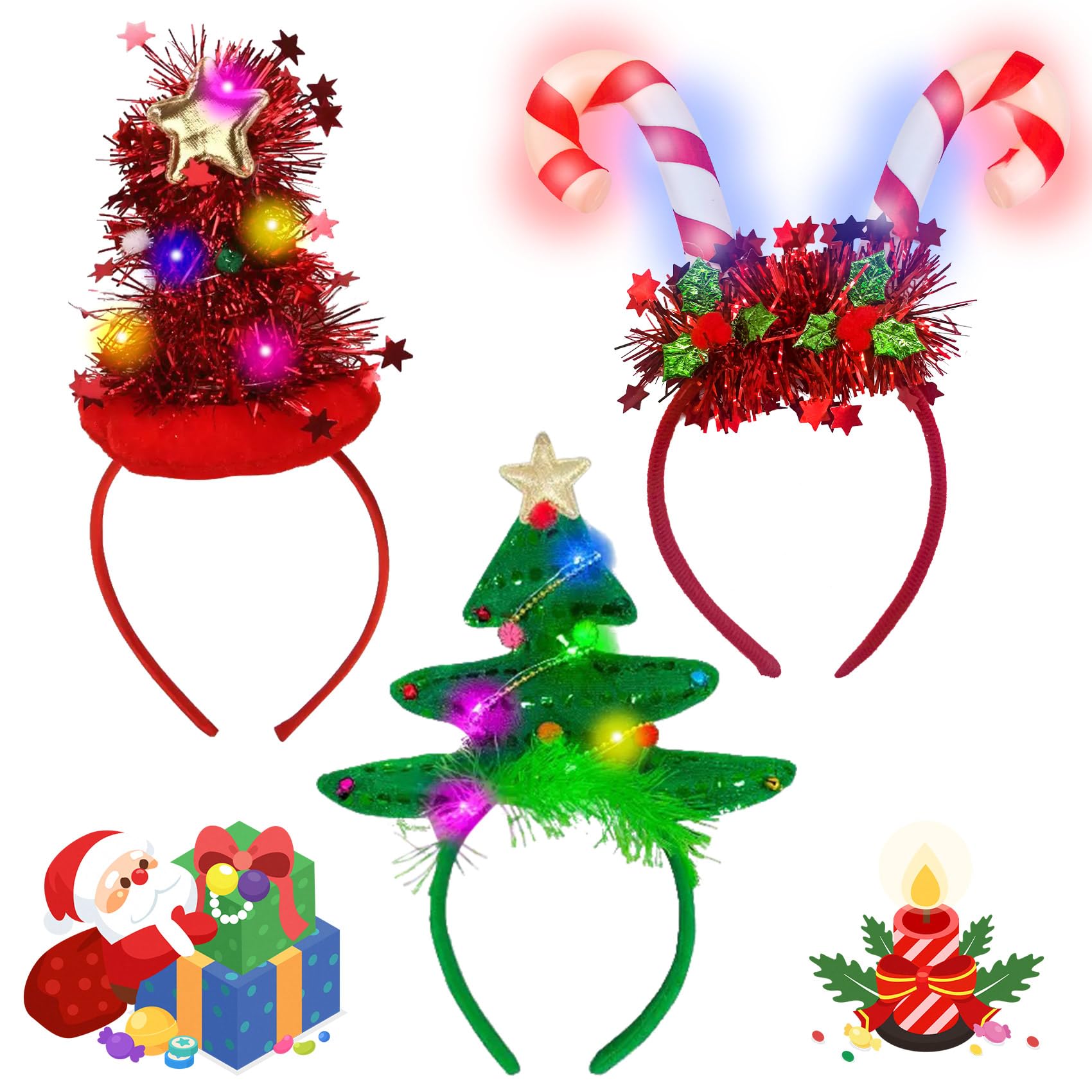 JINXIXI 3 Pack Christmas LED Headbands beautiful Christmas decorations Halloween luminous Christmas headband Hair Bands for Christmas Holiday Party Accessoriess