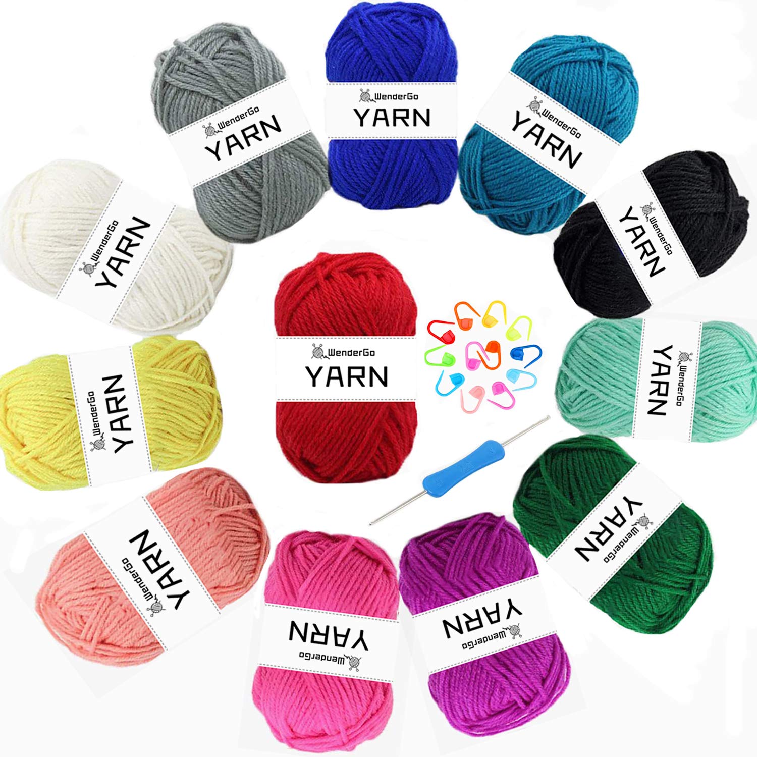 12X 50g Acrylic Knitting Yarn Skeins - Double Knitting Assorted Color Yarn Pack with Crochet Hook & Stitch Markers for Any Crochet and Knitting Mini Project DIY