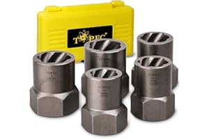 Topec 5-Piece Heavy Duty Bolt Remover Set, 1/2" Drive Impact Extractor Set, Perfect Tool Kit for Removing Stripped, Damaged, Rounded off and Rusted Bolts & Nuts, and Shorter Profile Lug Nuts