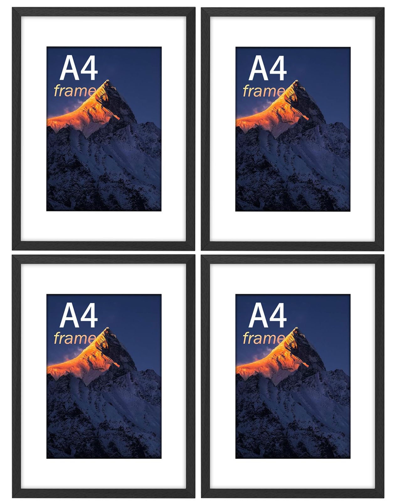 wyewye A4 Frame, A4 Picture Frame for Self-Supporting and Wall Mount, Photo Frame with Plexiglass and Mount, Solid Wood, Black, Pack of 4