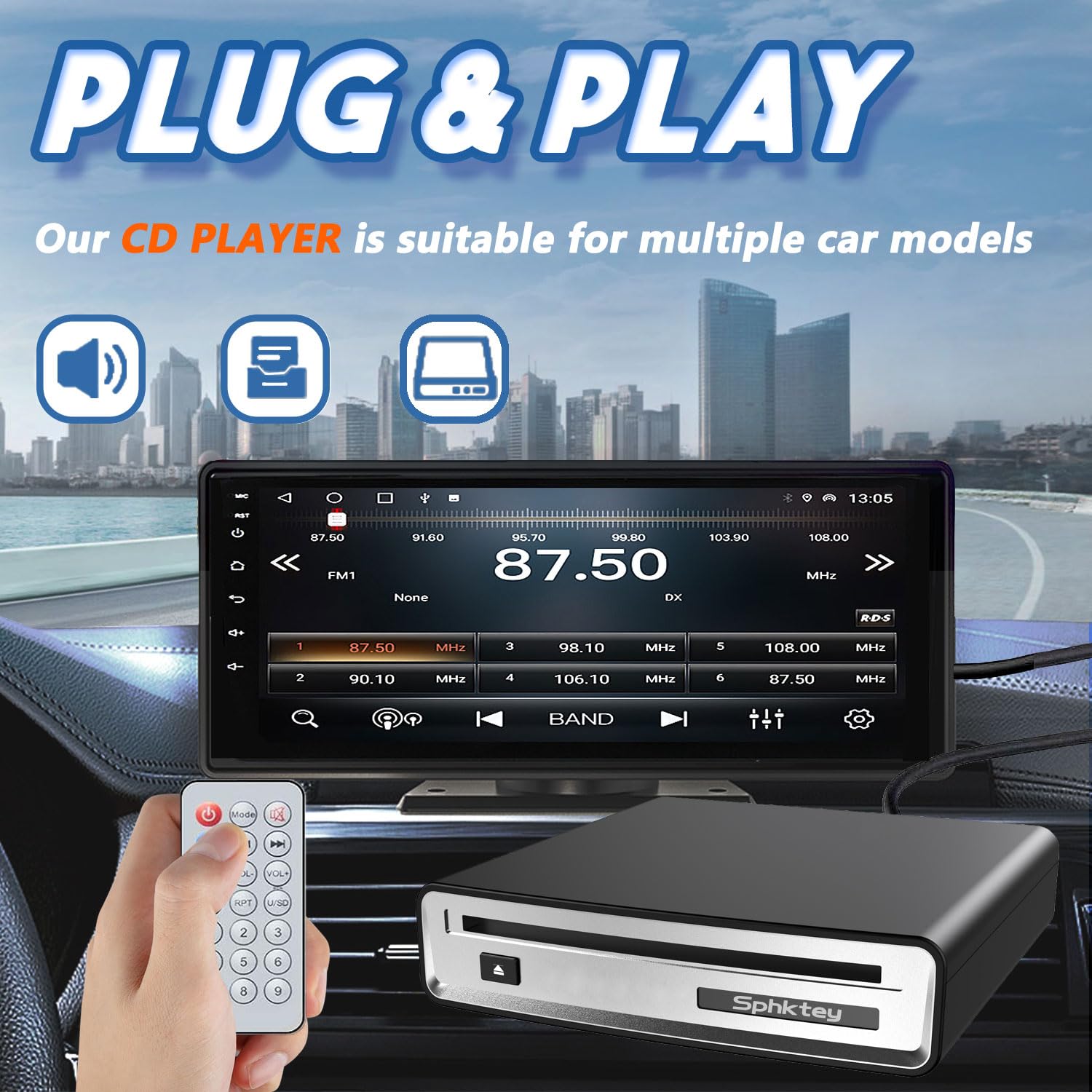 External Portable Car USB or AUX Connected CD Player, DC 5V,Plug and Play, Suitable for Various Cars, Outdoor Speakers, PC and TV