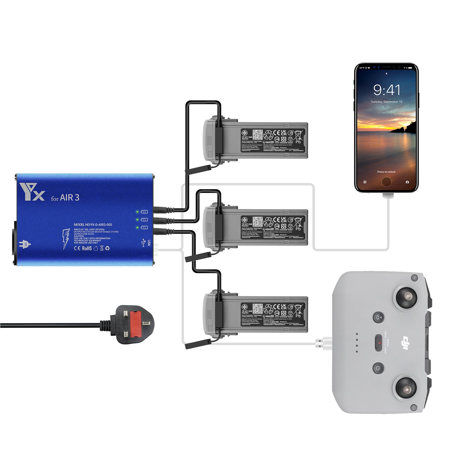 LYONGTECH Battery Charger for DJI Air 3S,Air 3 Drone,5 in 1 Rapid Multi Charging Hub,Simultaneous Charge 3 Batteries and Remote Controller Accessories