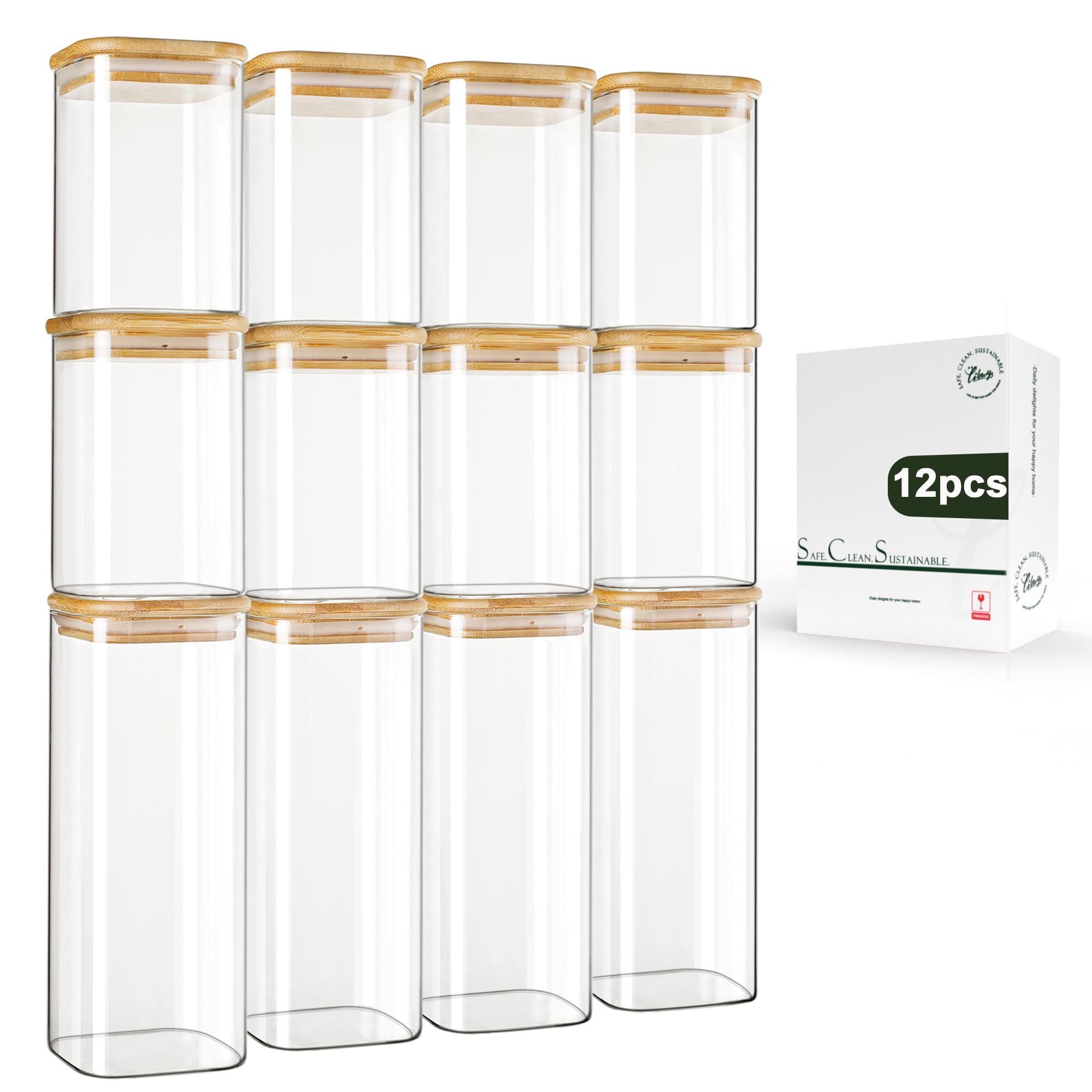 Photo 1 of *** ONE BROKEN *** LIBWYS 12-Pack Square Glass Storage Jars with Bamboo Lids (0.6Qt/1.06Qt) - Stackable Food Containers for Pantry Organization, Coffee, Flour, Snacks, Tea | Kitchen Canisters Set