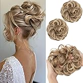 SARLA 2PCS Messy Hair Bun Hair Pieces Wavy Curly Synthetic Updo Fake Scrunchies Ponytail Extension for Women Sand