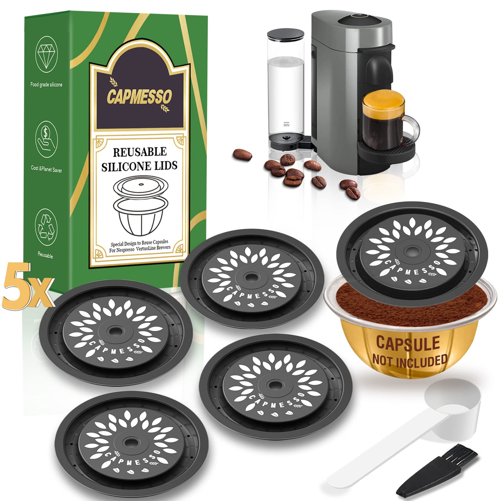 Photo 1 of CAPMESSO Reusable Coffee Capsule Lids for Reusable Nespresso Pods Vertuo, Food Grade Silicone Caps for Any Sizes of Refillable Vertuo Pods with Scoop and Brush (5PCS Silicone Caps)