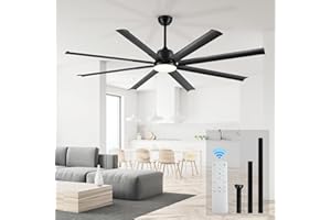MINISLAK 72 lnch lndustrial Celing Fan with Light and Remote Control,Large Celing Fan with 8 Black Aluminum Blades,6 Speed Noiseless DC Motor,Wet Rated Indoor Outdoor Ceiling Fans for Patio,Garage,exterior