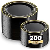 WDF 200PCS Black and Gold Plastic Plates - Black Plates Disposable for Party - Heavy Duty Plastic Plate for New Year