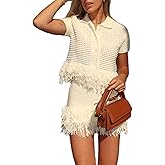 RISCUYY 2 Piece Skirt Sets for Women Short Sleeve Crochet Knit Top and Mini Skirt Casual Vacation Outfits