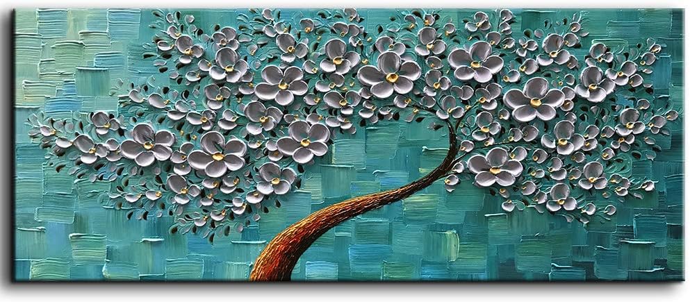 Paintings - YaSheng Art - 24x60inch Large Oil Painting Flowers Oil Painting On Canvas Texture Palette Knife 3D Silver Flowers Tree Paintings Abstract Artwork Canvas Wall Art Home Living Room Decor Painting