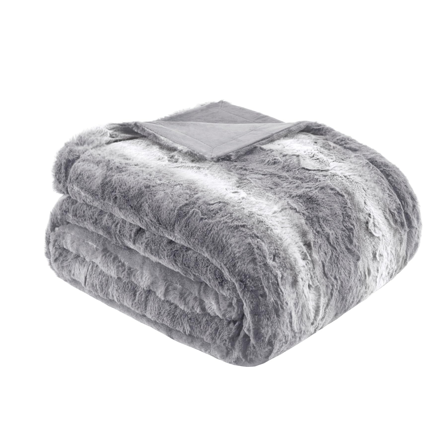 Madison Park Ultra-Soft Poly Fur Blanket Queen Size, Reversible Plush, All Season & Lightweight Queen Fuzzy Blanket for Bed, Couch & Sofa, Zuri, Full/Queen Grey Image