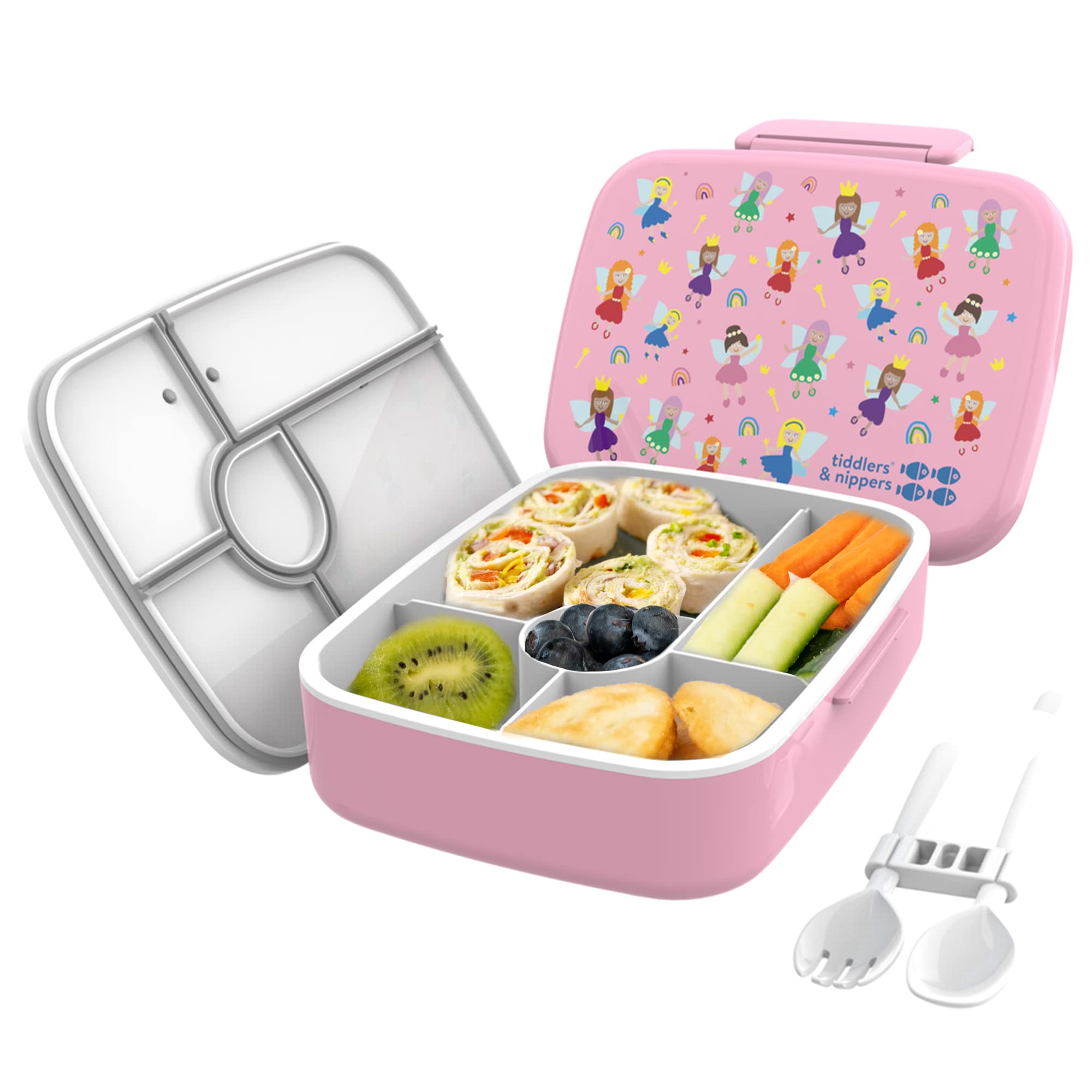 tiddlers & nippers 5 Compartment Lunch/Bento Box for Kids & Adults! | Includes Reusable Cutlery - Fork & Spoon | Leak-Proof & BPA-Free | Microwave, Freezer & Dishwasher Safe (Fabulous Fairies) — image 1