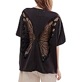 Women Butterfly Lace Short Sleeve Top Y2k Oversized Cut Out Solid Crew Neck T Shirts Summer Embroidered Tee