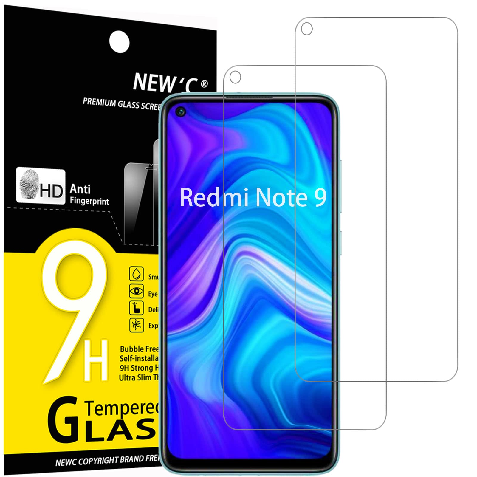NEW'C 2 Pack Designed forXiaomi Redmi Note 9, Xiaomi Redmi 10X 4G, Screen Protector Tempered Glass,Case Friendly Scratch-proof, Bubble Free, Ultra Resistant