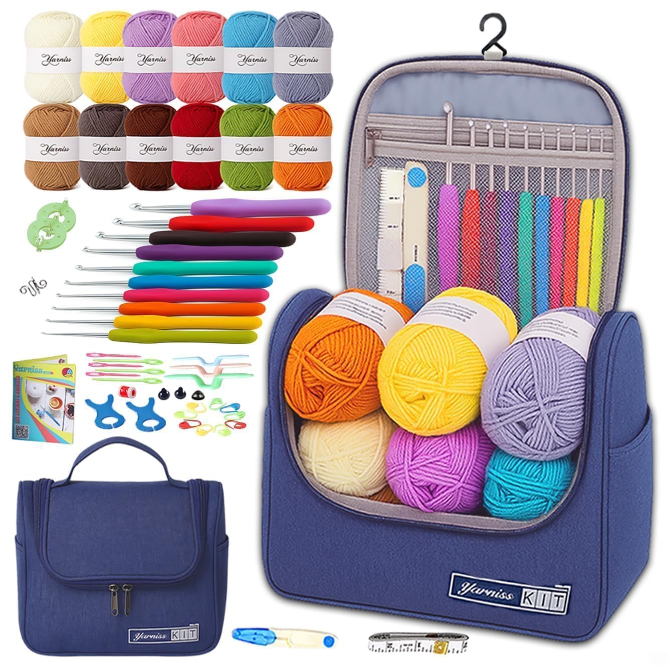 Yarniss Crochet Kit for Beginners, All in One Crochet Kits for Adult, Navy | Ergonomic Crochet Hooks Set with 840 Yards Croch