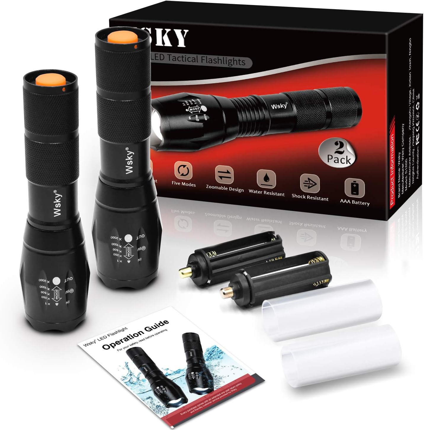 Wsky LED Tactical Flashlight - S1800 Powerful Waterproof Flashlight - High Lumen, Zoomable, 5 Modes - Perfect for Camping Biking Home Emergency or Gift-Giving (Batteries Not Included) - - 