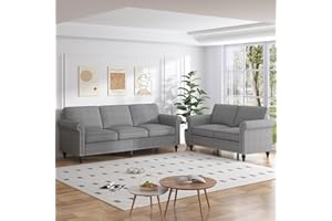 MUZZ 2PCS Sofa Set for Living Room, 5 Seat Modern Linen Sectional Couch Set with Nailhead Trim Design, Living Room Furniture Set (Sofa & Loveseat/Light Grey)