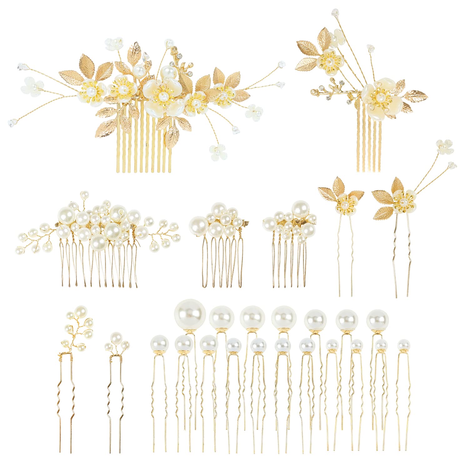 Photo 1 of Cinaci 27 Pack Sparkly Glitter Gold Rhinestone Leaf Flower Bridal Metal Hair Side Combs+U-shaped Pearl Hair Pins Clips Barrettes Headpieces Wedding Hair Accessories for Women Brides Bridesmaids Girls