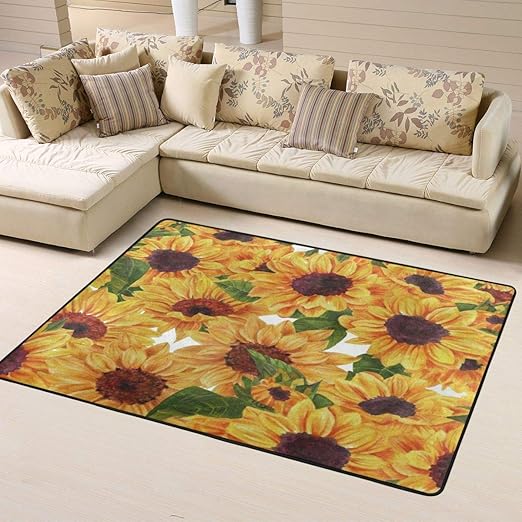 Watercolor Flower Sunflower Leaf Area Rugs for Bedroom Dining Room Living Room Floor Mat
