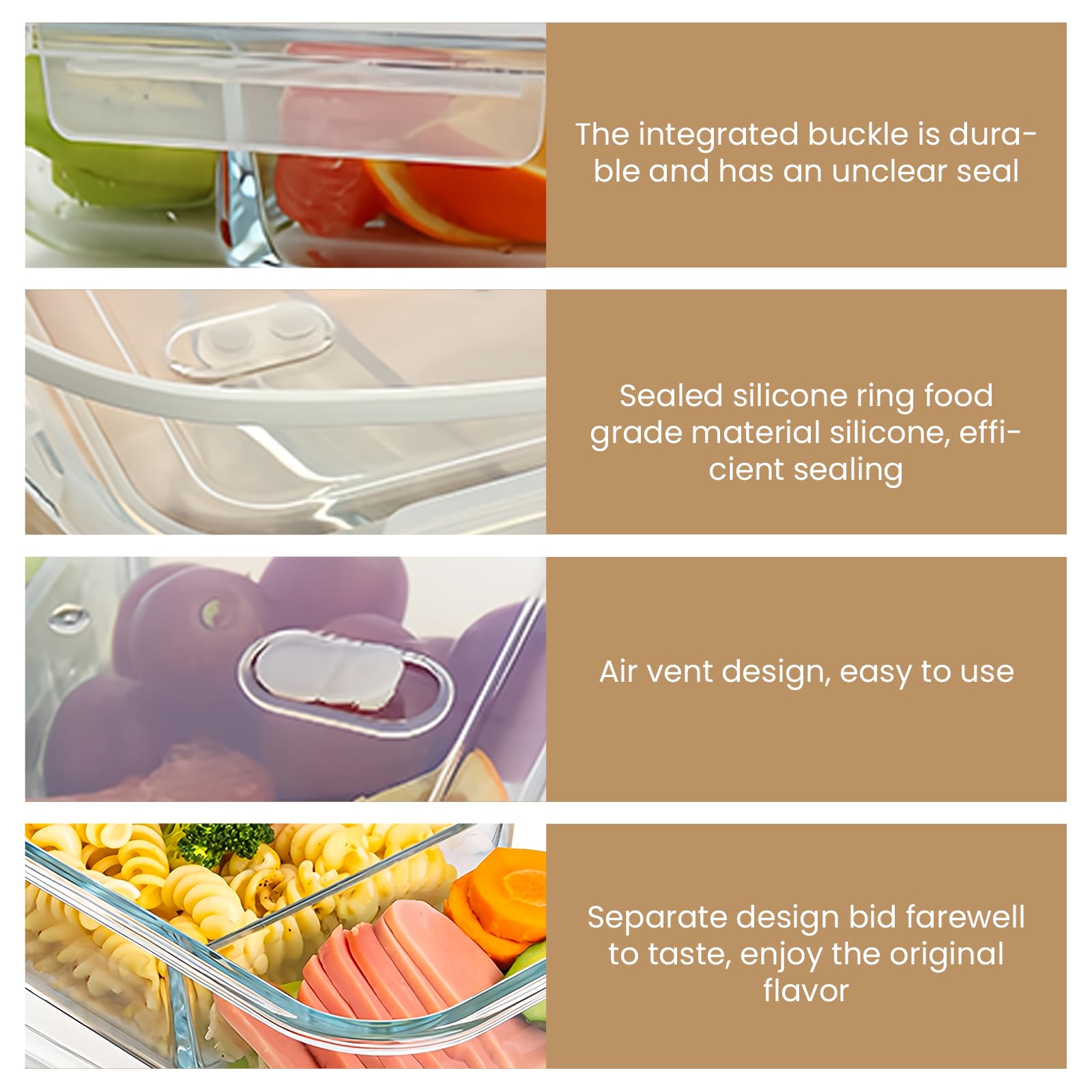 LEKEFETO 2 Stück Meal Prep Boxen Glas: Glasbehälter mit Deckel mit 2 Fächer, Glass Meal Prep Containers 1040ml, Glas Frischhaltedosen BPA-Frei, Luftdicht, für Spülmaschine, Mikrowelle, Ofen 3