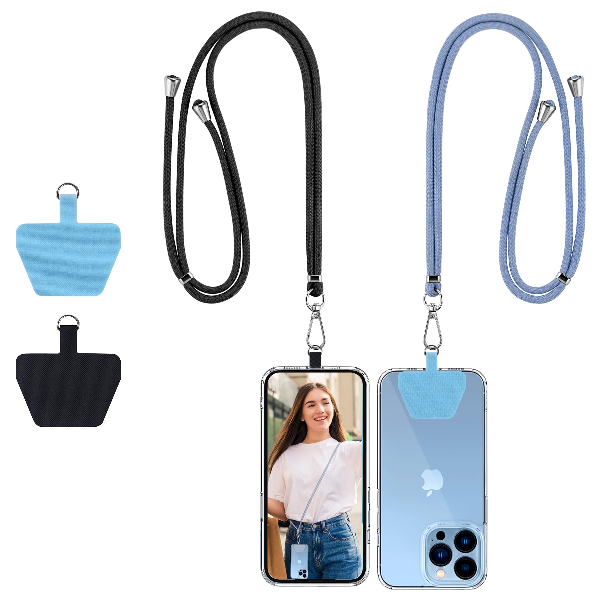 CACOE Phone Lanyard-2 PCS Adjustable Neck Strap,Universal Crossbody Multifuctional Cell Phone Lanyards Compatible with Most Smartphones(Black+Light Blue)
