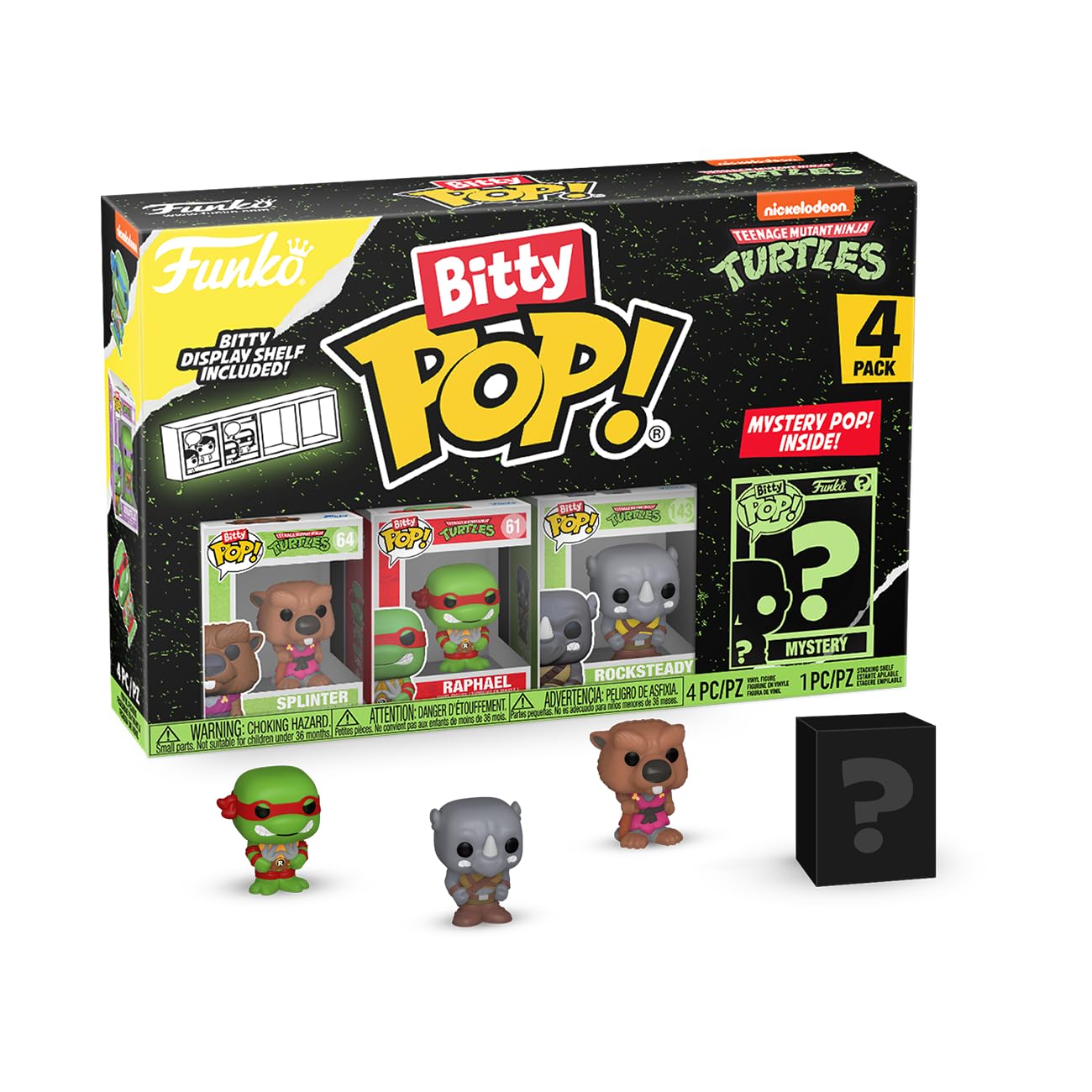 Funko Bitty POP! Teenage Mutant Ninja Turtles - Splinter, Raphael, Rocksteady and A Surprise Mystery Mini Figure - 0.9 Inch (2.2 Cm) - TMNT Collectable - Stackable Display Shelf Included - TV Fans