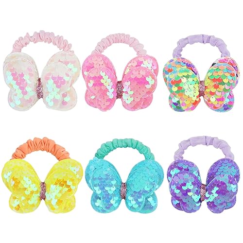 KEUKORZ 6Pcs Butterfly Bow Hair Ties - Sequin Hair Bands Bobbles for Women - Cute Accessories for Styling(6 Colors)