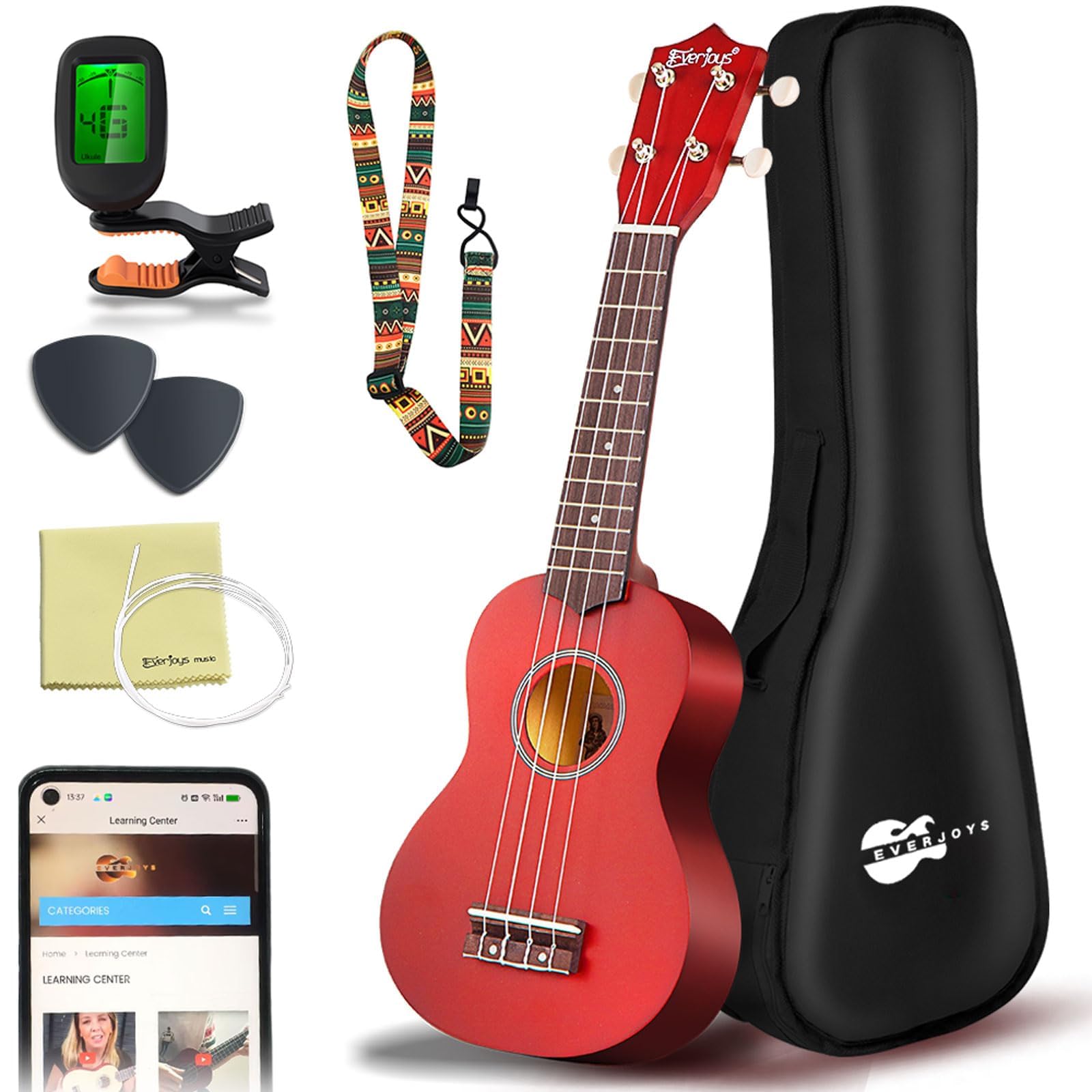 Everjoys Soprano Ukulele Beginner Kit 21 Inch Ukelele w/Free Online Lesson Carrying bag Digital Tuner Strings Picks, All in One Set (Mahogany)