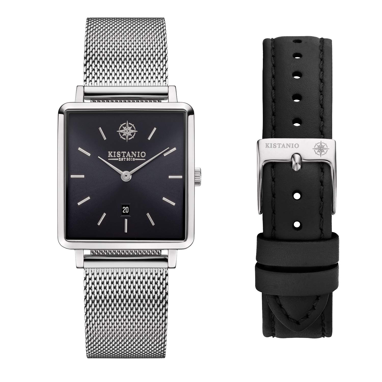 Kistanio Carre SI-BLKS-M-L-BK Women's Watch with Sapphire Glass and Milanese Strap + Extra Leather Strap