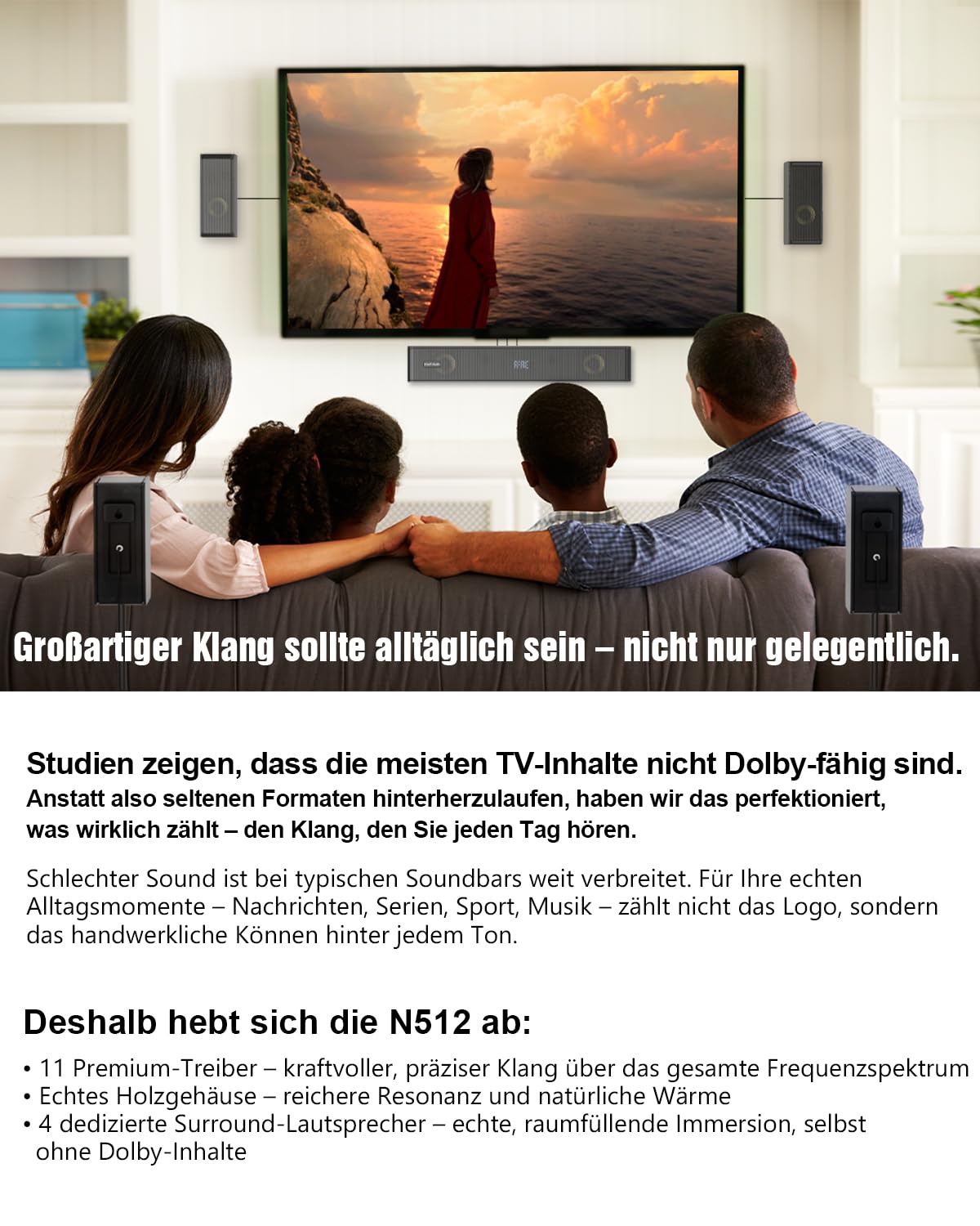 Hiwill-Audio Hölzern 5.1.2CH Soundbar für TV Geräte & kleine Räume, 400W Spitzenleistung, Klarere Stimmen, Virtueller Surround-Sound, 5,25'' Kabel-Subwoofer, ARC/Opt/BT 5.3/AUX, Einfaches Setup, 2026 4