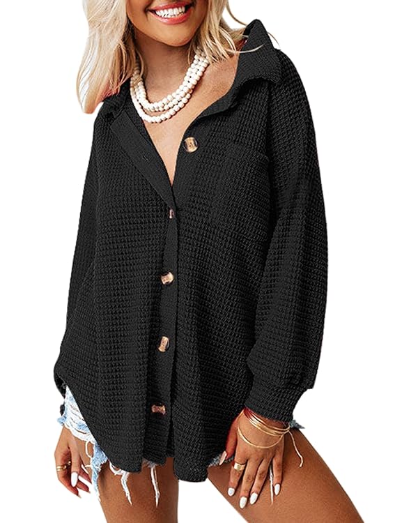 Dokotoo Womens Waffle Knit Shacket Jacket Casual Long Sleeve Button Down Shirts Dressy Blouses Tops