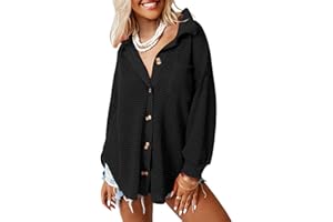 Dokotoo Womens Waffle Knit Shacket Jacket Casual Long Sleeve Button Down Shirts Dressy Blouses Tops