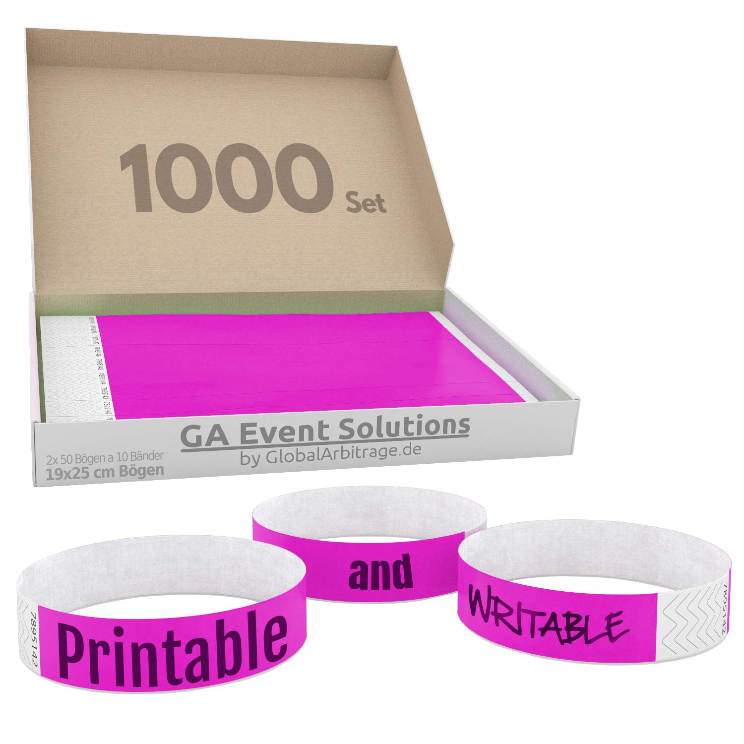 1000 Eintrittsbänder aus Tyvek zum selbst gestalten und bedrucken in Pink von GA Event Solutions - Party Einlassbänder, Festival Armbänder für dein Event