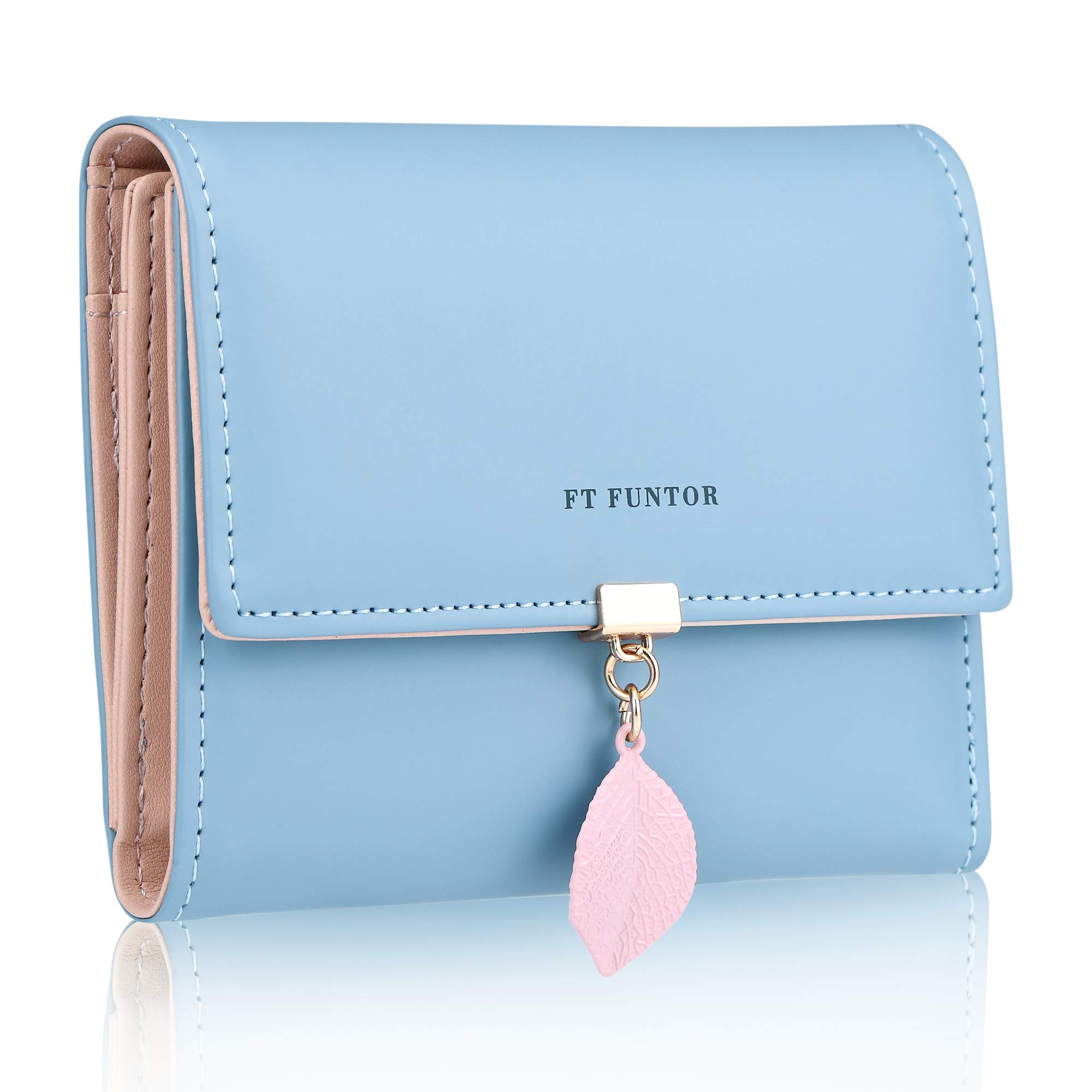 FT FUNTOR PU Leather Wallet for Women RFID-Blocking, Ladies Bifold Leaf Pendant Coin Zipper Small Purse with 5 Card Slots and 1 ID Window Card Holder Organizer (Blue)
