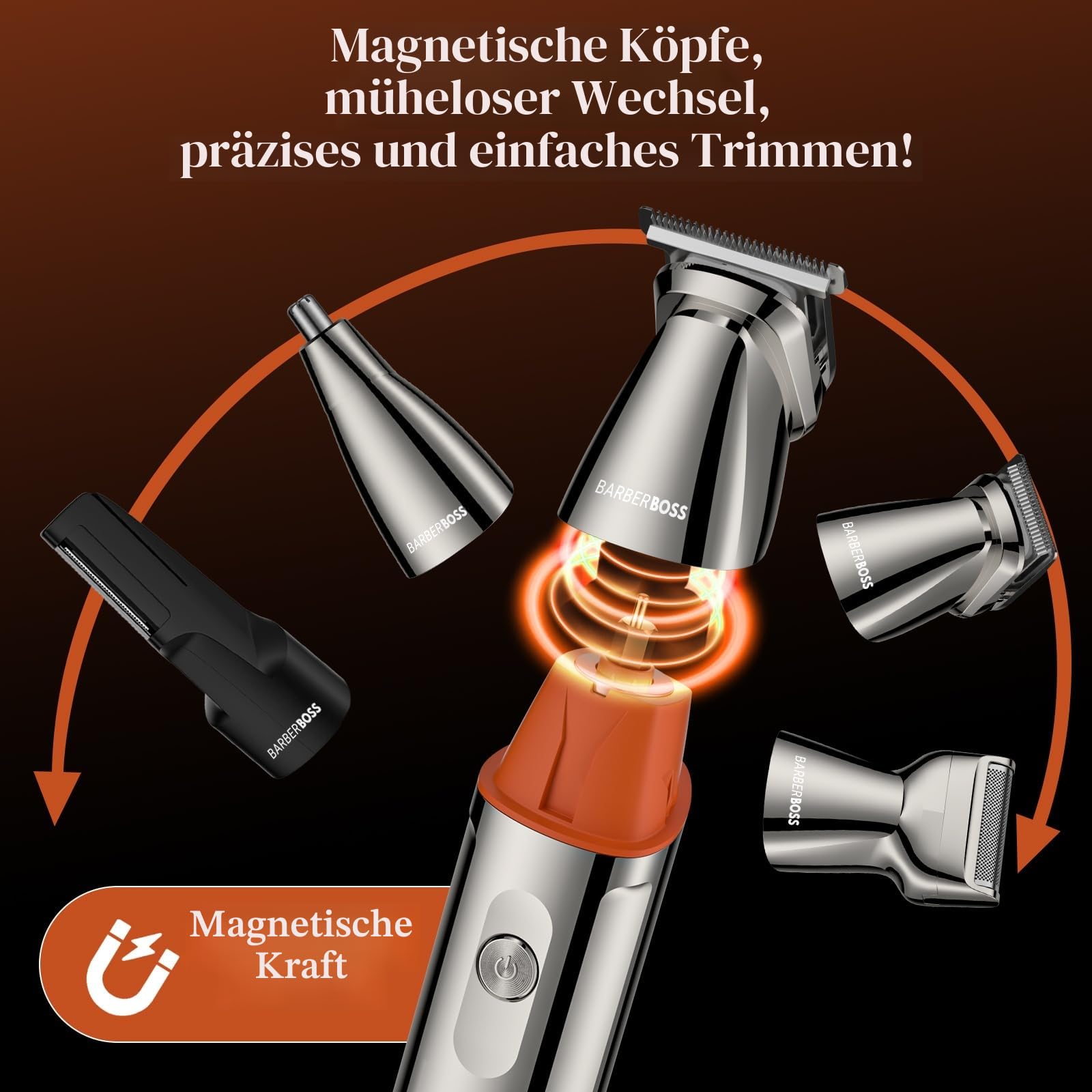 BarberBoss rasierer herren elektrisch, bartschneider herren, 5-in-1 Pflegeset für Männer, Haarschneidemaschine, Bartschneider-Set, Detailrasierer, Präzisionstrimmer für Nase, Ohren & Körper, QR-6010 2