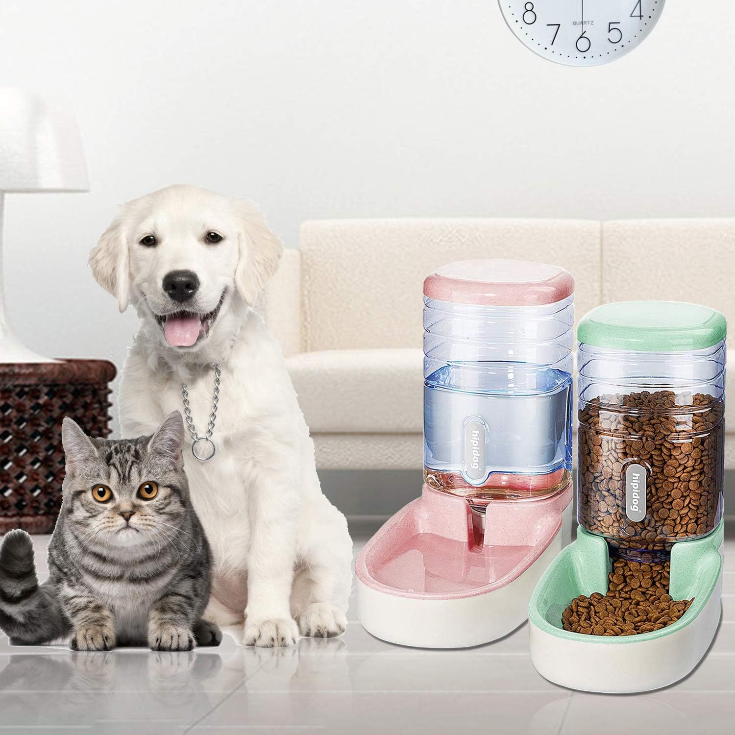 UniqueFit Pets Cats Dogs Automatic Waterer and Food Feeder 3.8 L with 1 Water Dispenser and 1 Pet Automatic Feeder (Pink and Green) : Pet Supplies