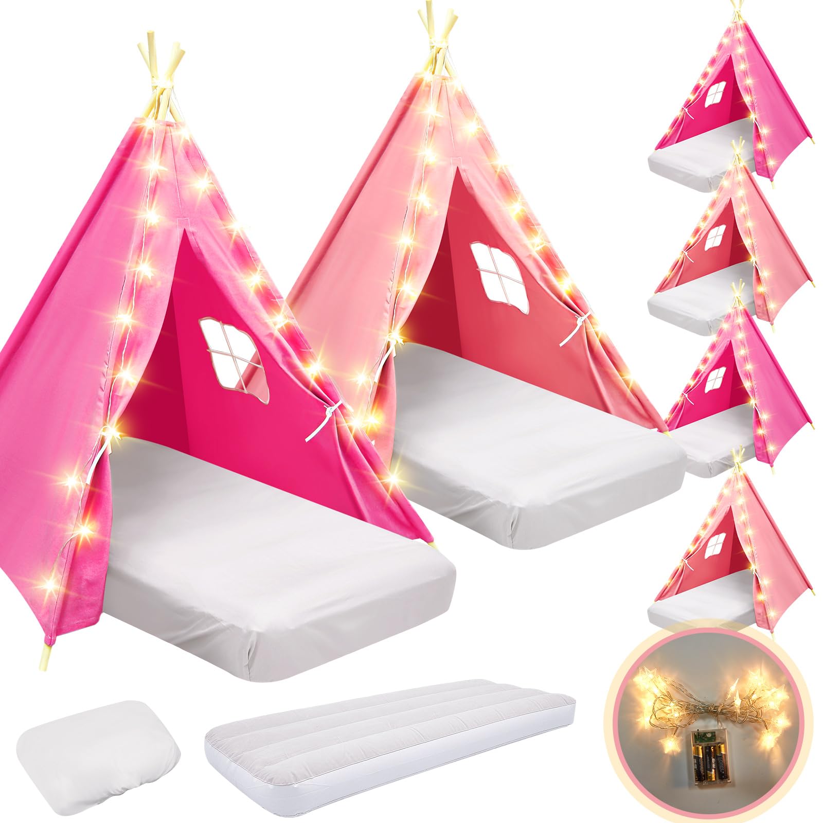 Photo 1 of     ***=NOT ALL UNITS IN THE PHOTO ARE INCLUDED**Sleepovers Teepee Tent for Kids Bulk with Mattress Sheet Light,Natural Cotton Washable Indoor Play Tent for Birthday Slumber Party Girls Boys Pajama Movie Night Supplies(Pink, Rose Red)
