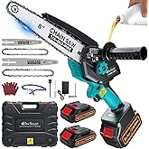 Mini Chainsaw Electric Cordless: 8 Inch & 6 Inch Brushless Chain Saw with 2 Pack Rechargeable Batteries, Battery Powered Hand Held Saw for Trees Trimming Wood Cutting, Perfect Gardening Tools for Men