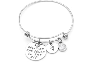 LIUANAN Stainless Steel Inspirational Encouragement Bracelet She Believed She Could So She Did Expandable Bangle Birthstone Charm Cuff Bracelet